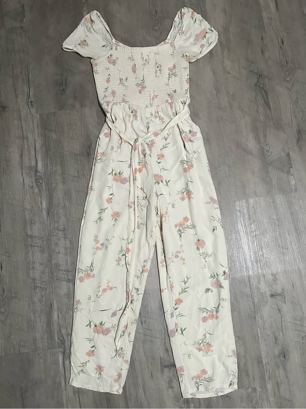 American Eagle Outfitters Cream Floral Smocked Jumpsuit with Tie